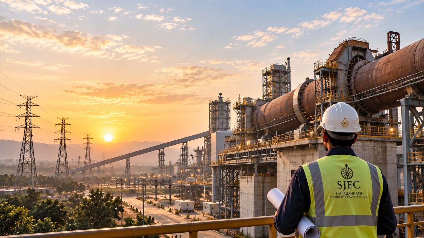 Site engineer overlooking a cement plant at sunrise